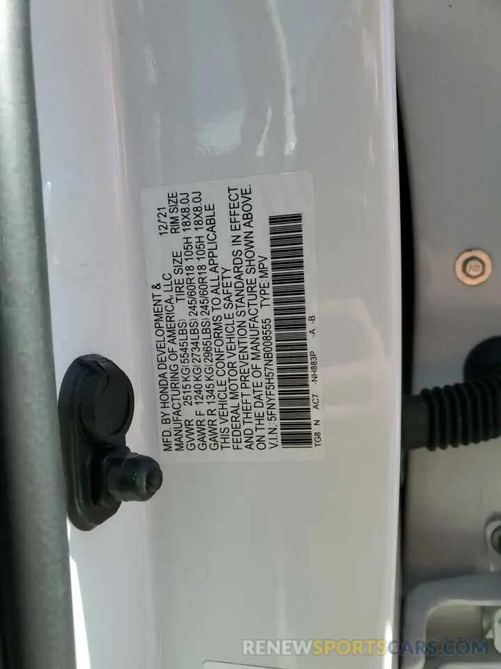 13 Photograph of a damaged car 5FNYF5H57NB008555 HONDA PILOT 2022