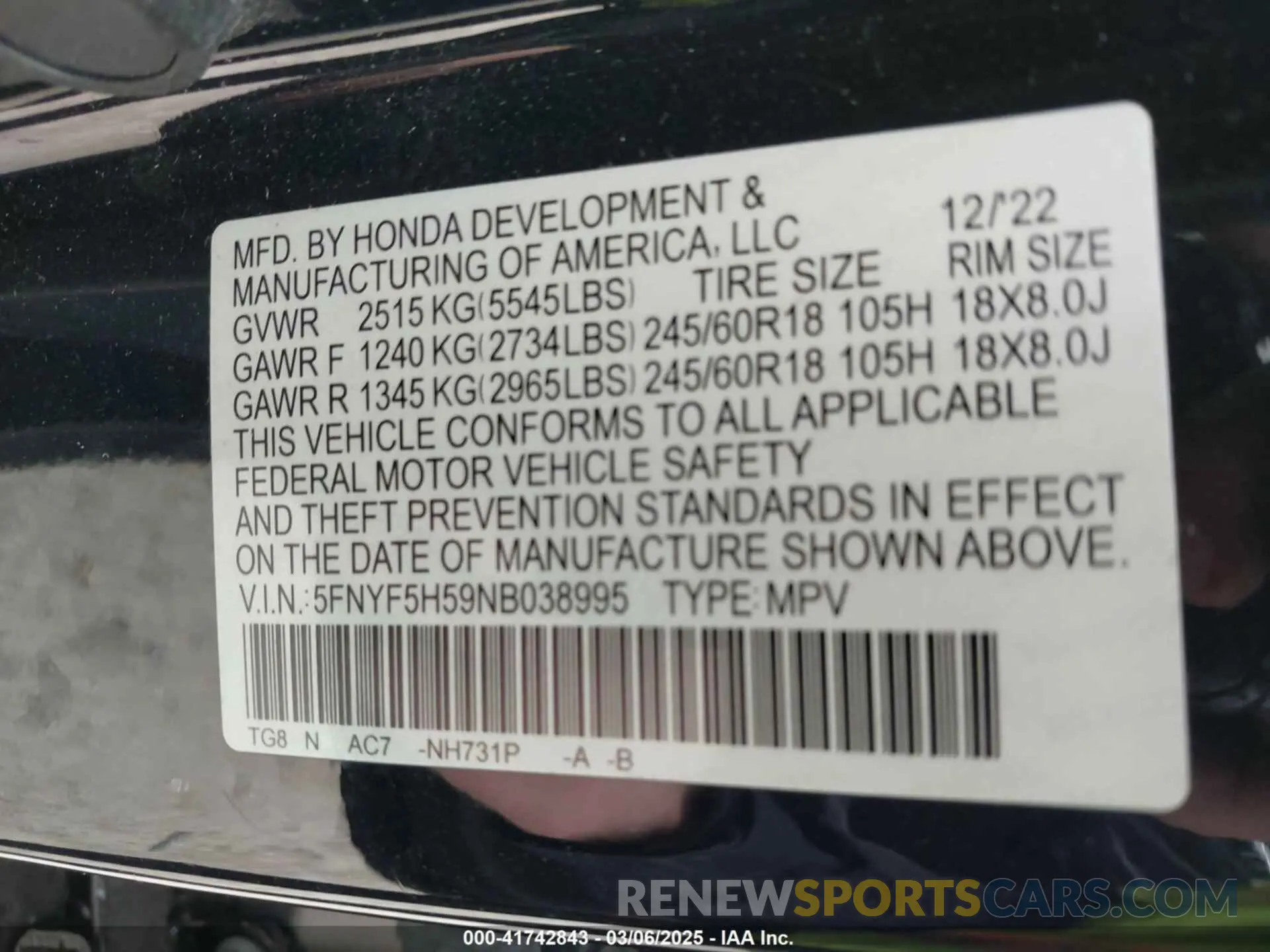 9 Photograph of a damaged car 5FNYF5H59NB038995 HONDA PILOT 2022