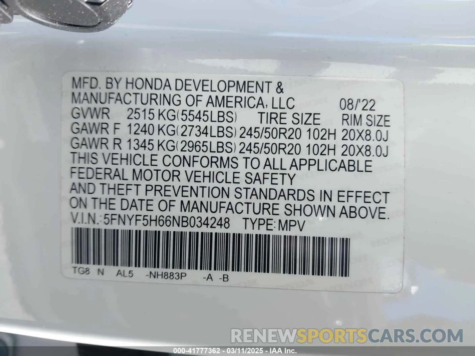 9 Photograph of a damaged car 5FNYF5H66NB034248 HONDA PILOT 2022