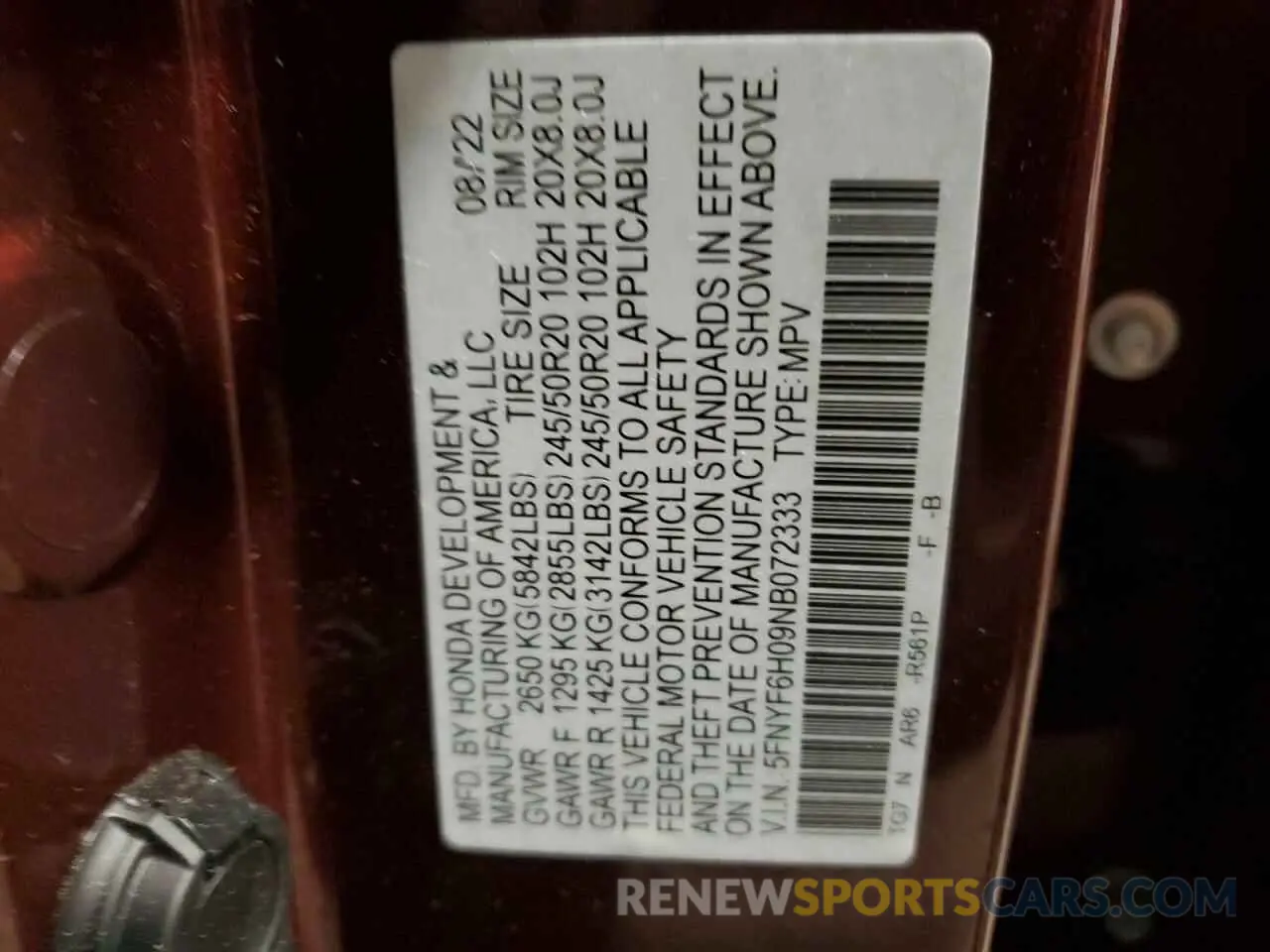 13 Photograph of a damaged car 5FNYF6H09NB072333 HONDA PILOT 2022