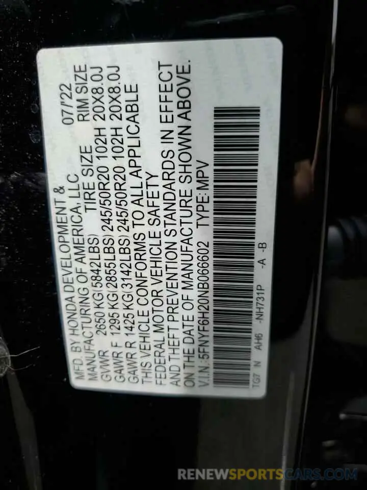 13 Photograph of a damaged car 5FNYF6H20NB066602 HONDA PILOT 2022