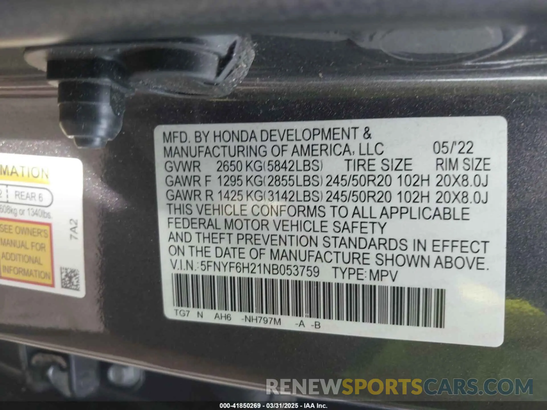 9 Photograph of a damaged car 5FNYF6H21NB053759 HONDA PILOT 2022