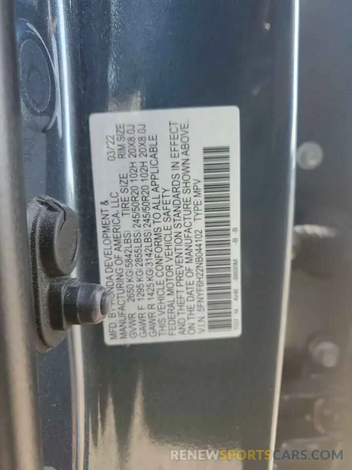 12 Photograph of a damaged car 5FNYF6H22NB044102 HONDA PILOT 2022