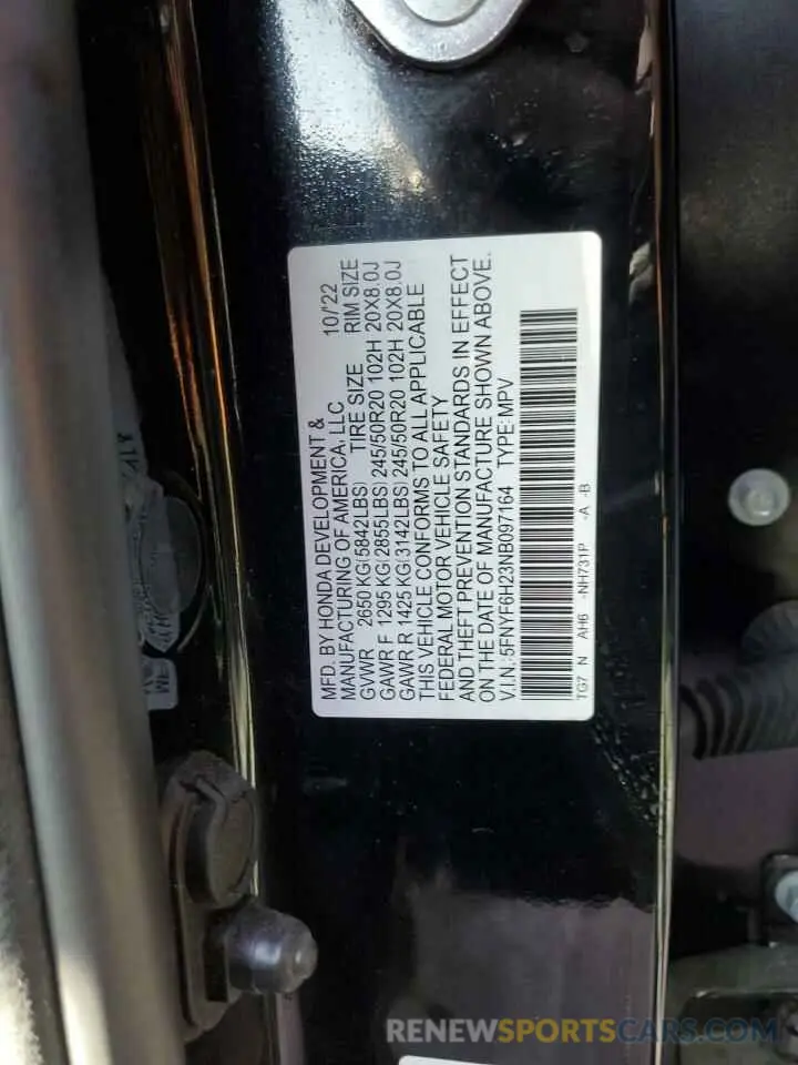 13 Photograph of a damaged car 5FNYF6H23NB097164 HONDA PILOT 2022