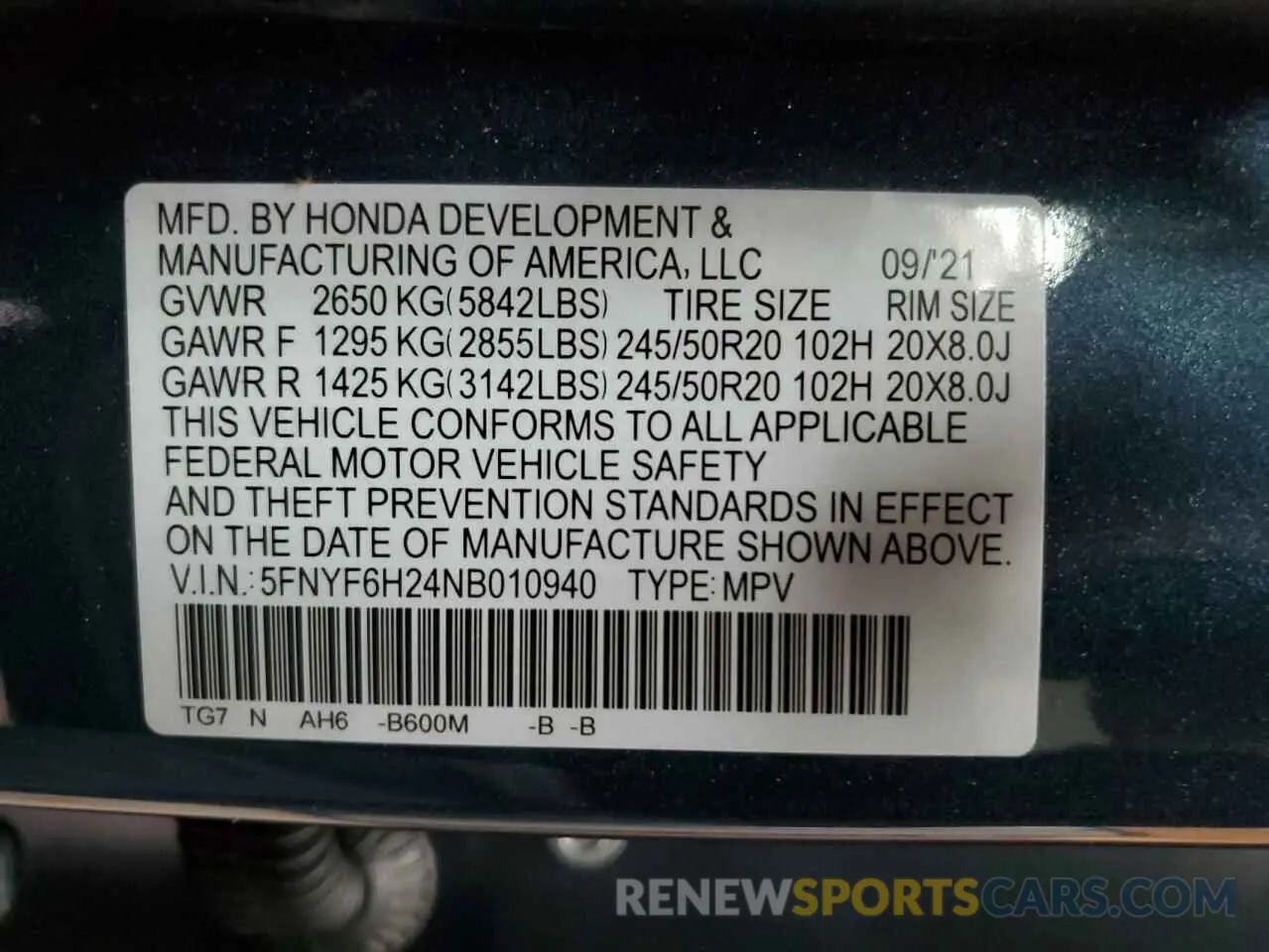13 Photograph of a damaged car 5FNYF6H24NB010940 HONDA PILOT 2022