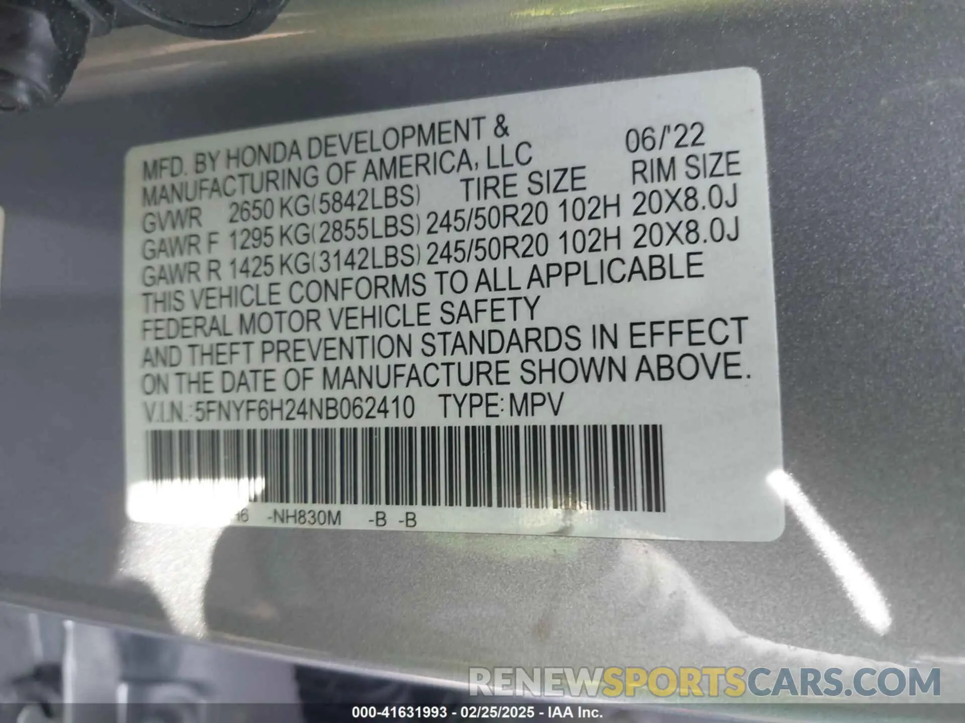 9 Photograph of a damaged car 5FNYF6H24NB062410 HONDA PILOT 2022