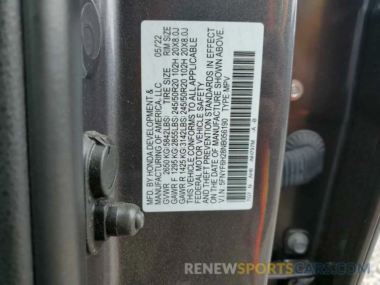 13 Photograph of a damaged car 5FNYF6H28NB056190 HONDA PILOT 2022