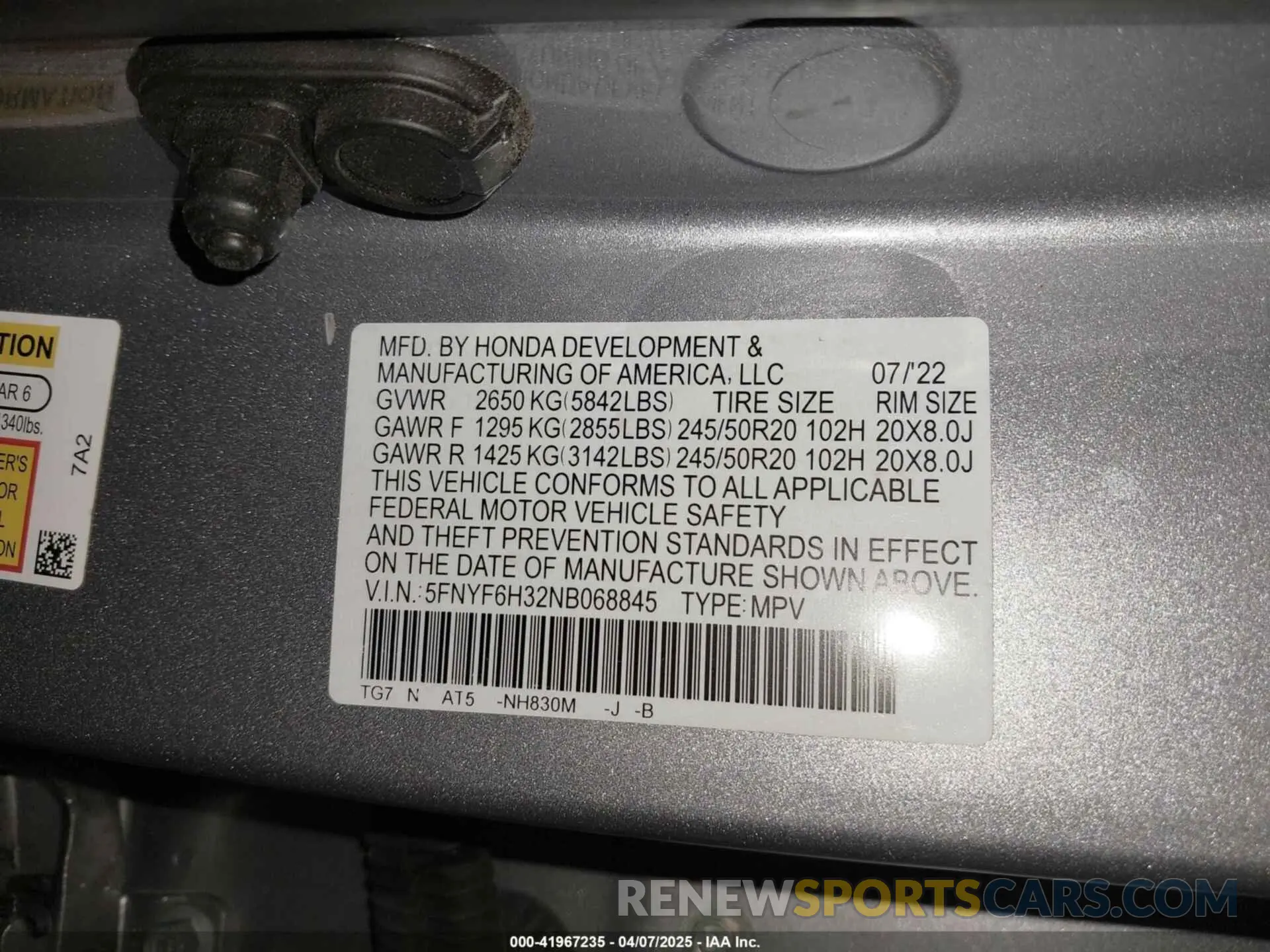 9 Photograph of a damaged car 5FNYF6H32NB068845 HONDA PILOT 2022