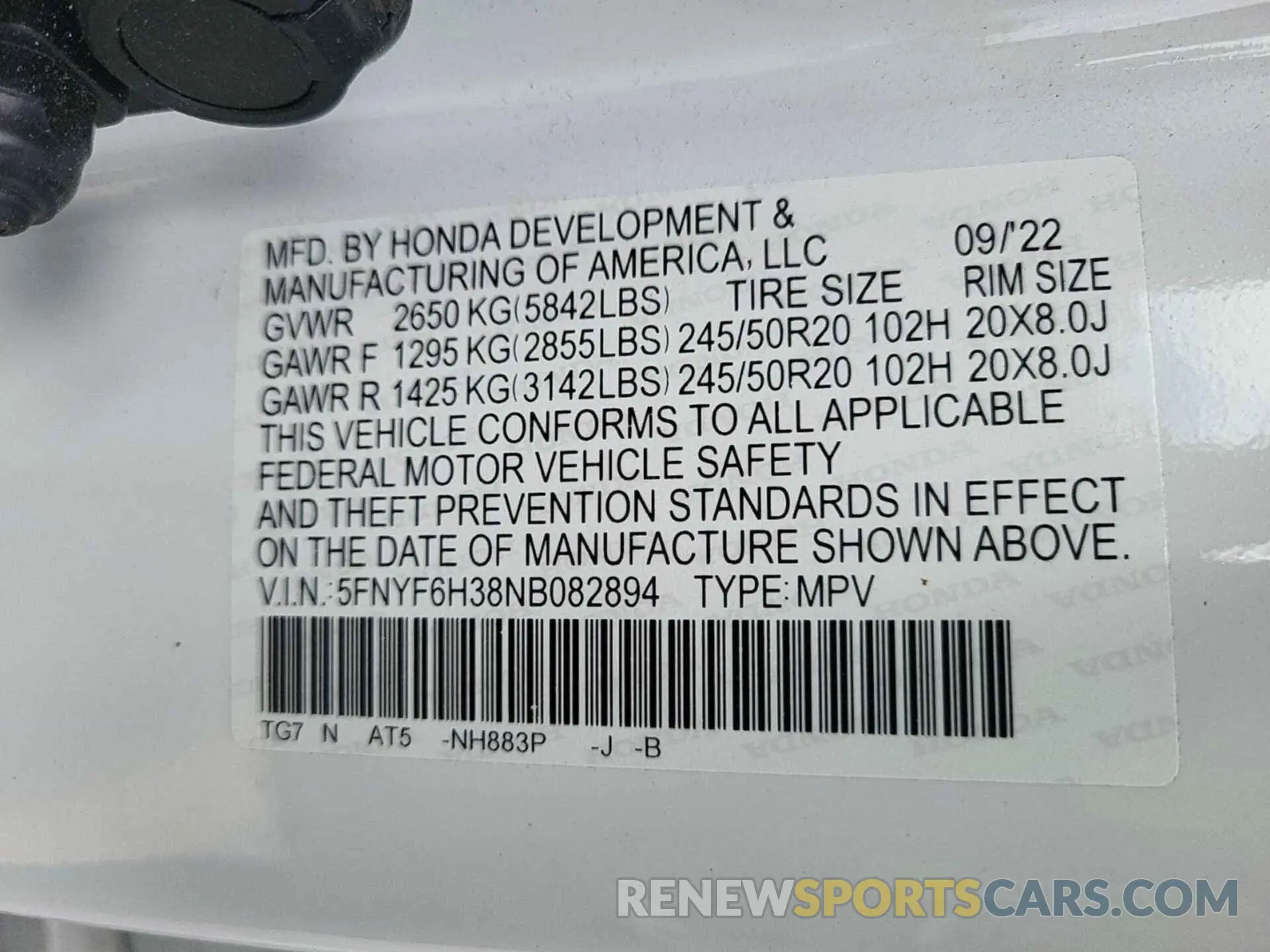 1 Photograph of a damaged car 5FNYF6H38NB082894 HONDA PILOT 2022