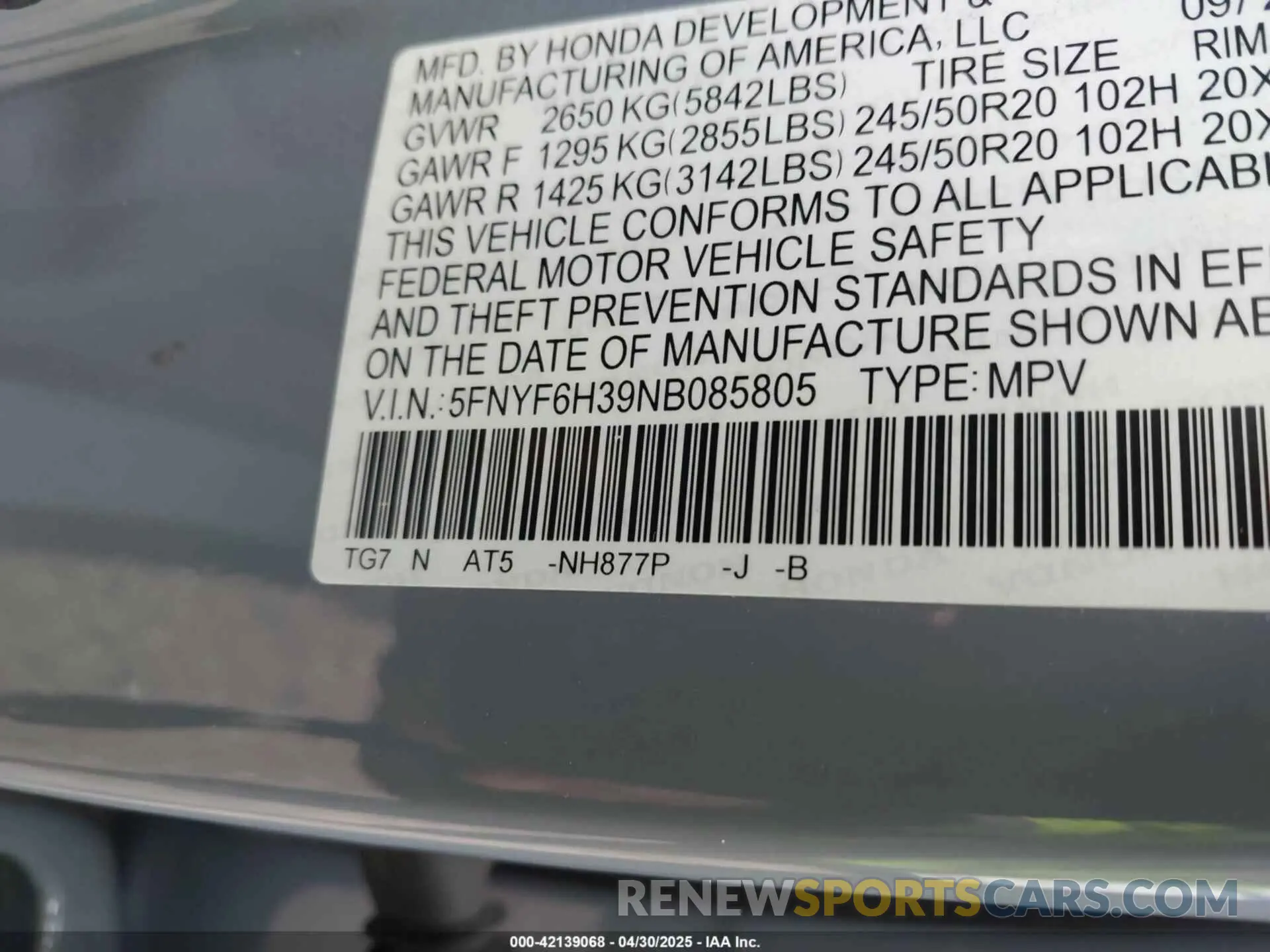9 Photograph of a damaged car 5FNYF6H39NB085805 HONDA PILOT 2022