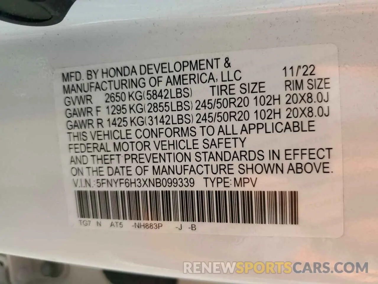 14 Photograph of a damaged car 5FNYF6H3XNB099339 HONDA PILOT 2022