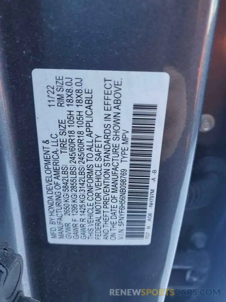 13 Photograph of a damaged car 5FNYF6H56NB098769 HONDA PILOT 2022