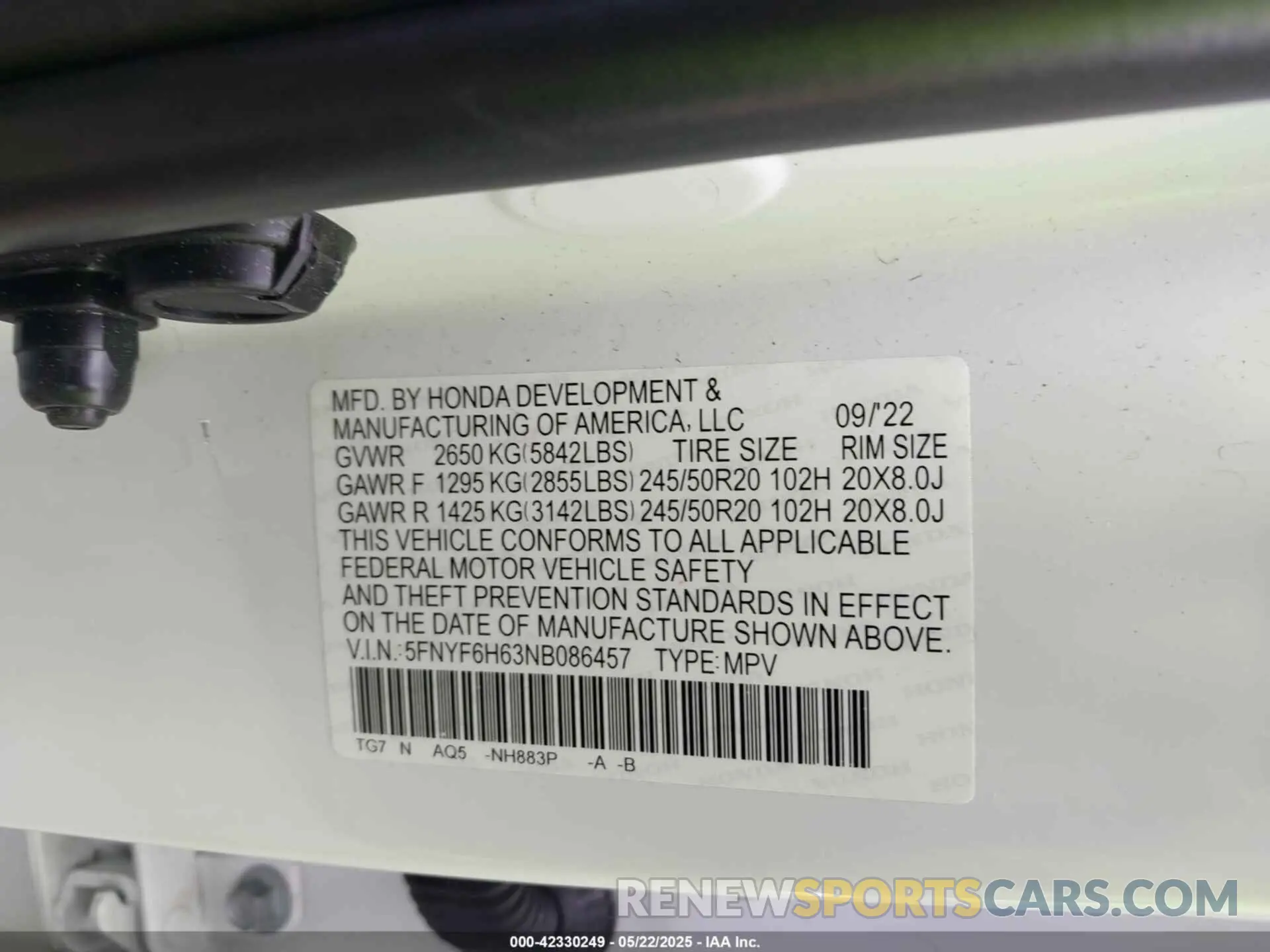 9 Photograph of a damaged car 5FNYF6H63NB086457 HONDA PILOT 2022