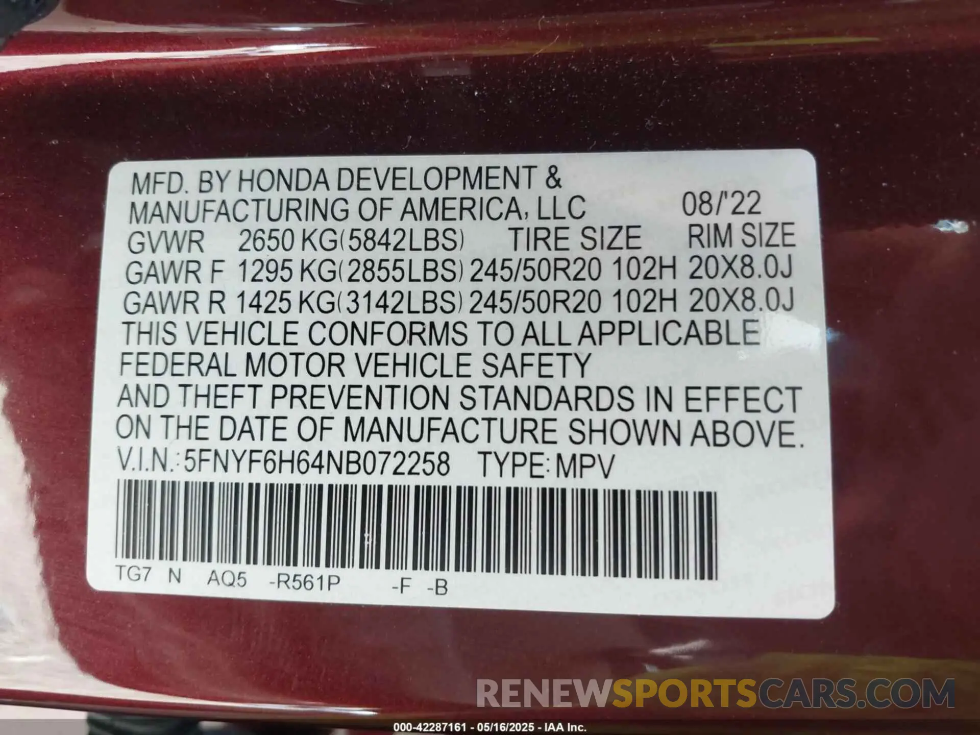 9 Photograph of a damaged car 5FNYF6H64NB072258 HONDA PILOT 2022