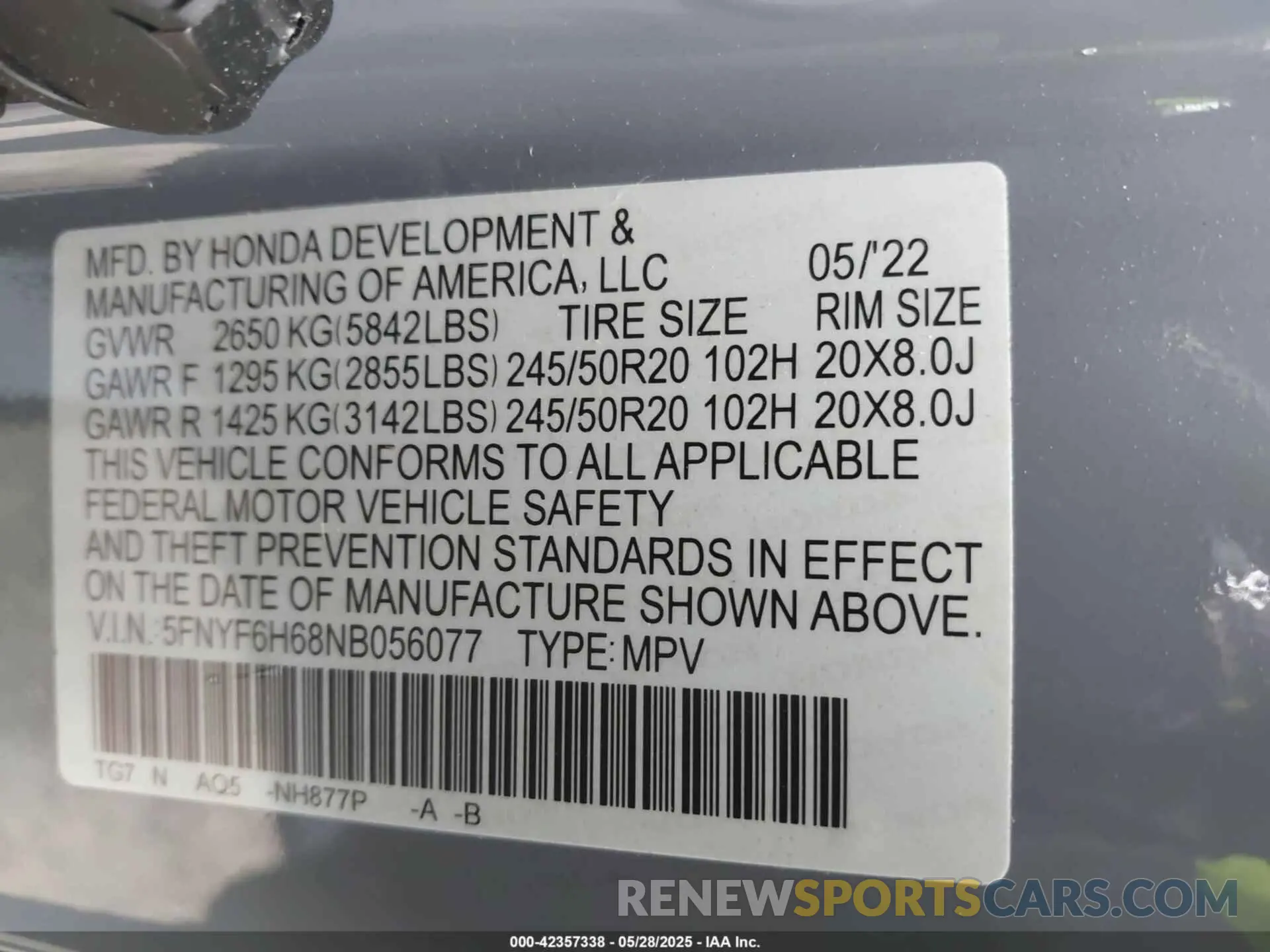 9 Photograph of a damaged car 5FNYF6H68NB056077 HONDA PILOT 2022