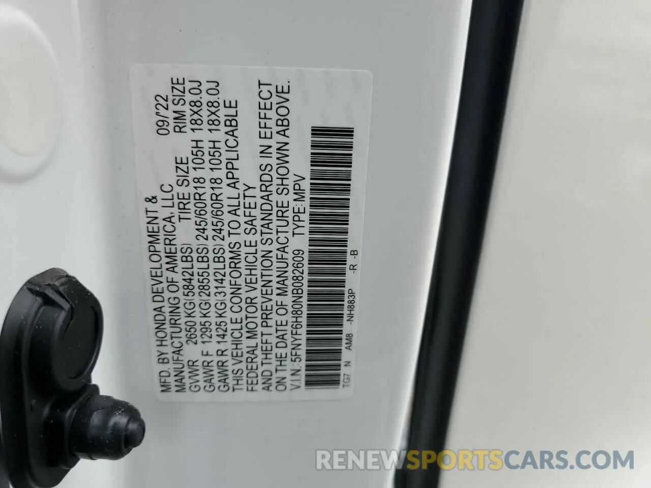 13 Photograph of a damaged car 5FNYF6H80NB082609 HONDA PILOT 2022