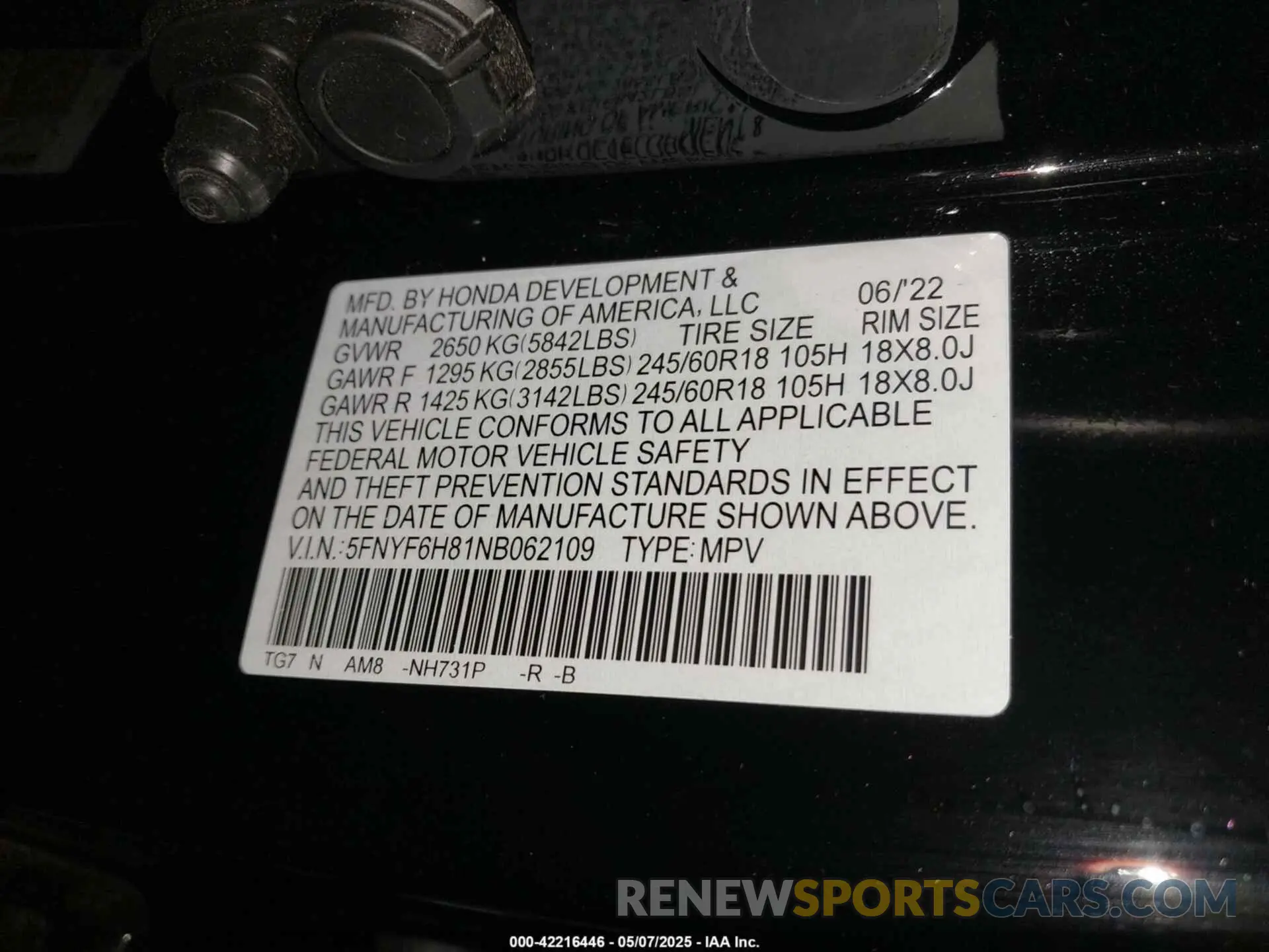 9 Photograph of a damaged car 5FNYF6H81NB062109 HONDA PILOT 2022