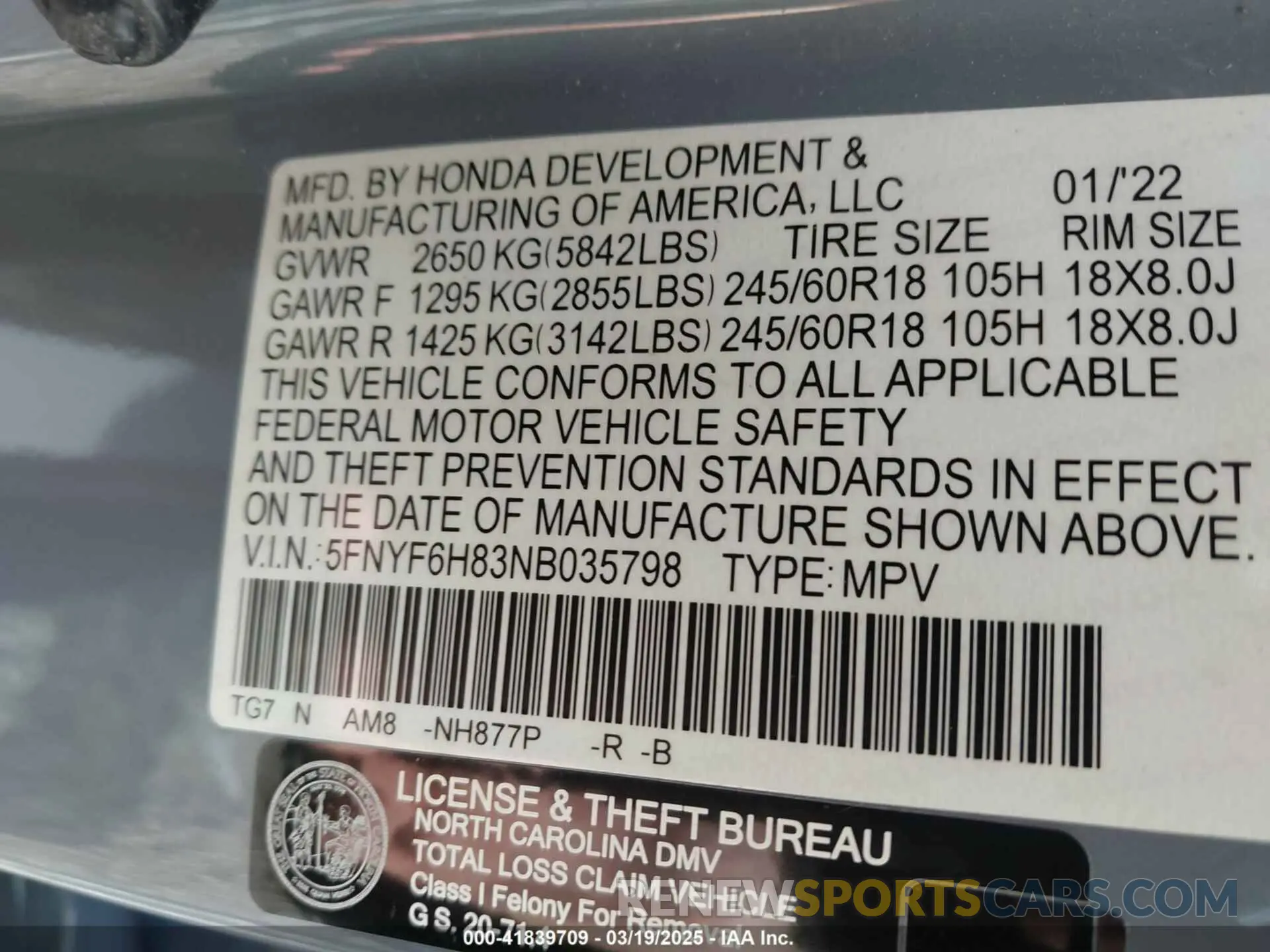 9 Photograph of a damaged car 5FNYF6H83NB035798 HONDA PILOT 2022