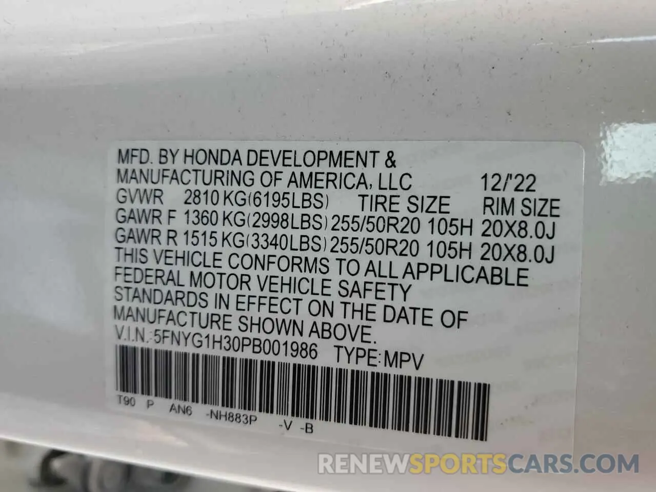 12 Photograph of a damaged car 5FNYG1H30PB001986 HONDA PILOT 2023