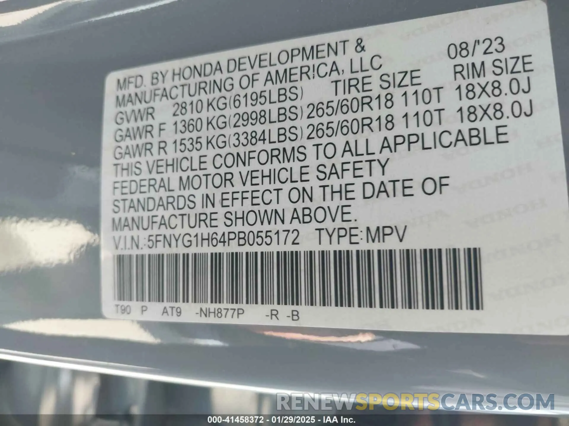 9 Photograph of a damaged car 5FNYG1H64PB055172 HONDA PILOT 2023