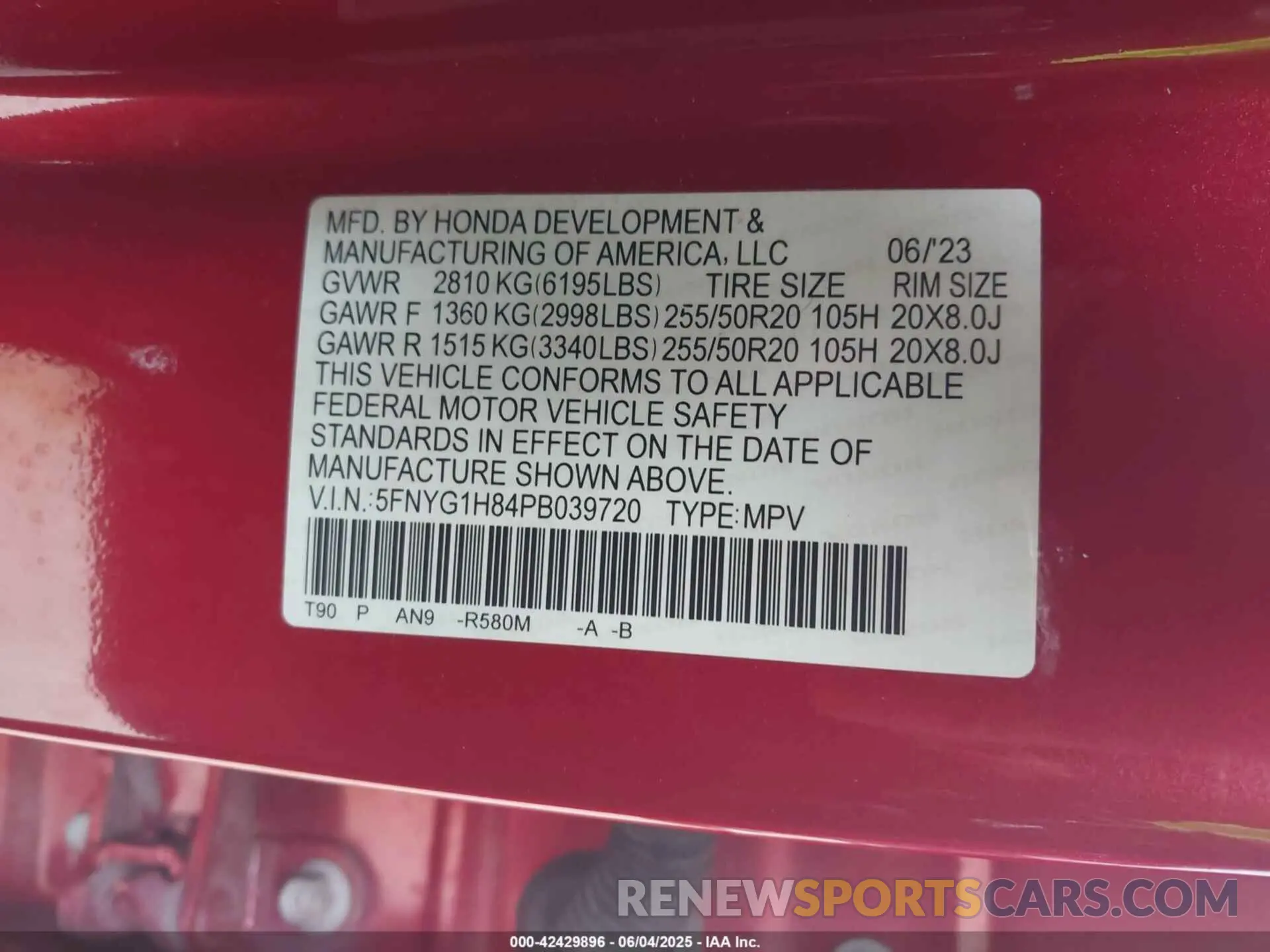 9 Photograph of a damaged car 5FNYG1H84PB039720 HONDA PILOT 2023