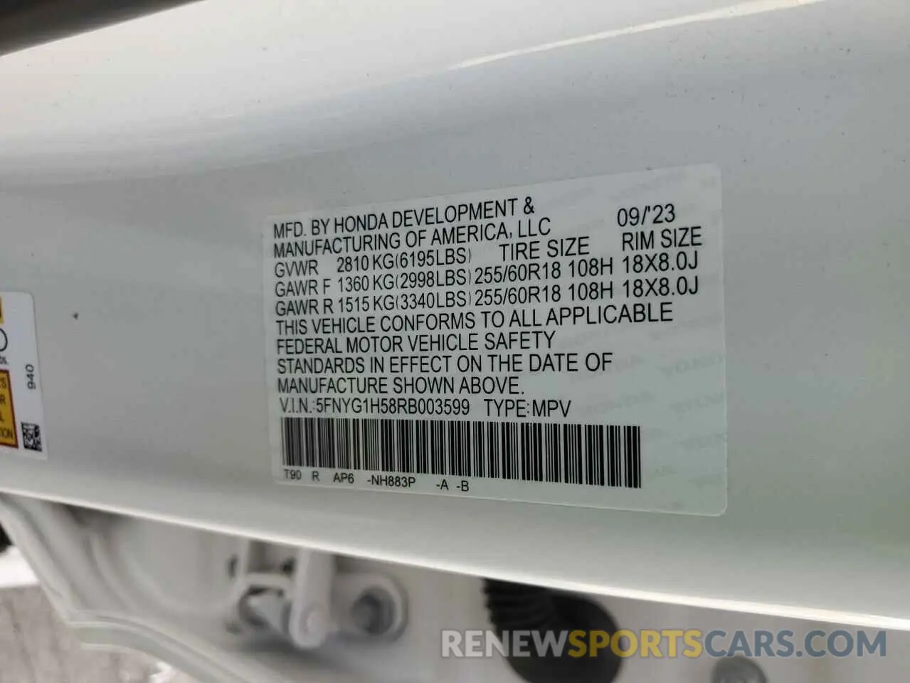 15 Photograph of a damaged car 5FNYG1H58RB003599 HONDA PILOT 2024