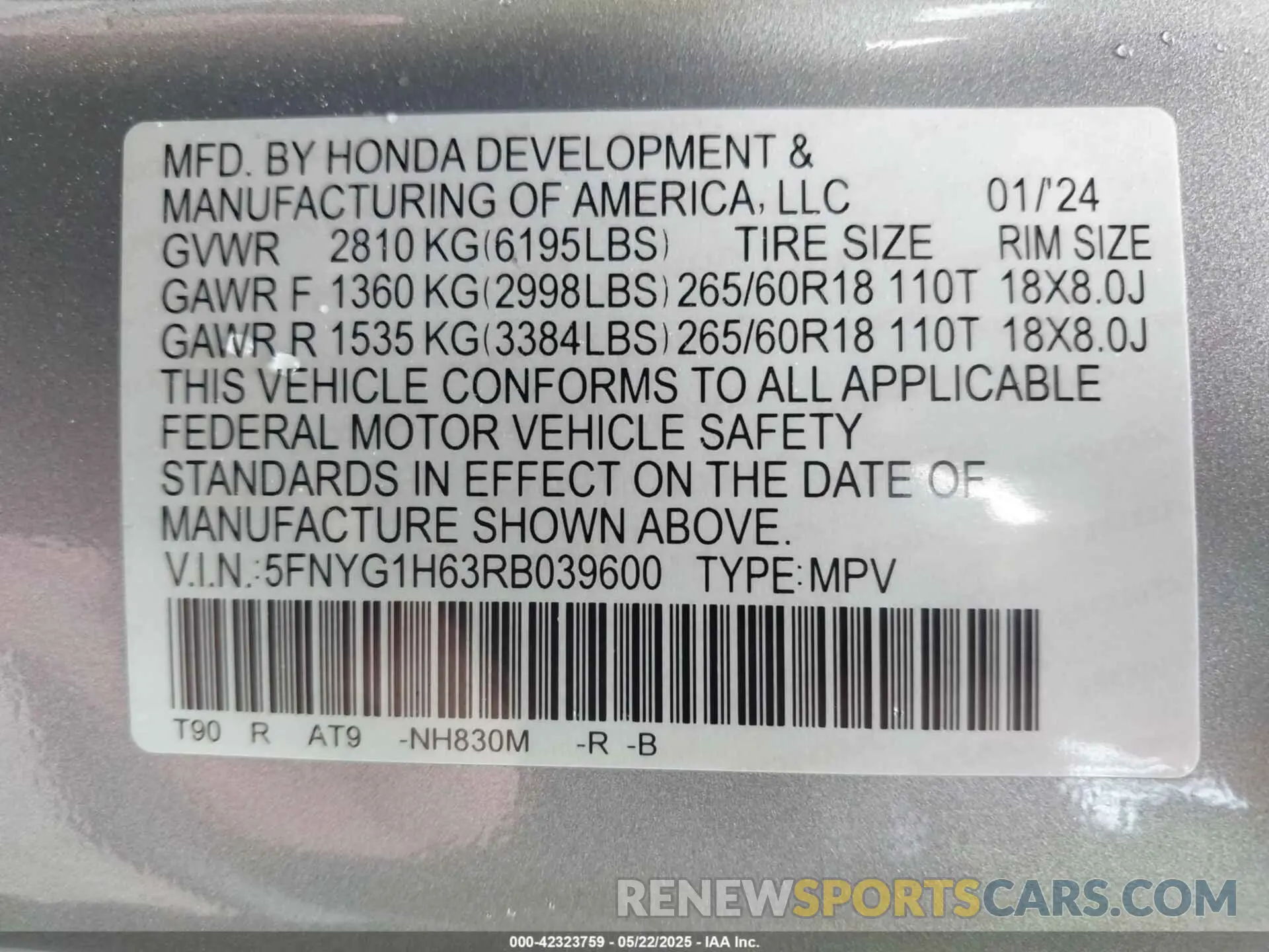 9 Photograph of a damaged car 5FNYG1H63RB039600 HONDA PILOT 2024