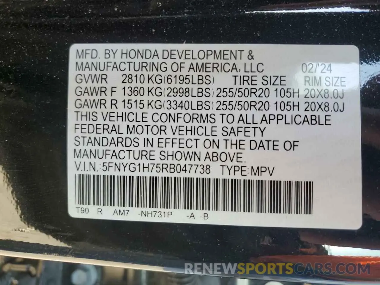 14 Photograph of a damaged car 5FNYG1H75RB047738 HONDA PILOT 2024