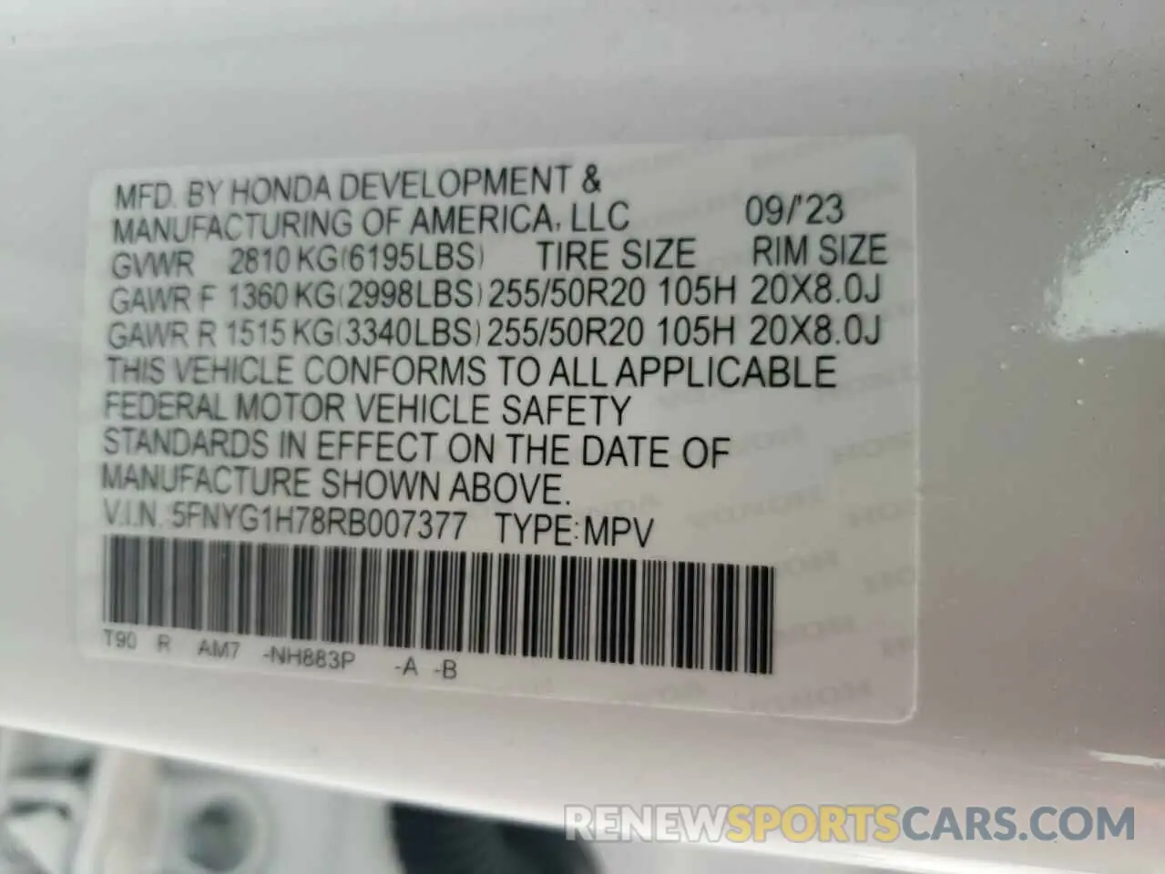 15 Photograph of a damaged car 5FNYG1H78RB007377 HONDA PILOT 2024