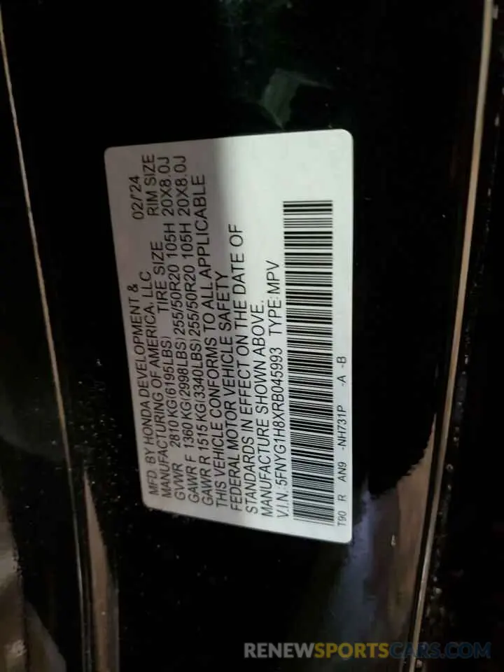 13 Photograph of a damaged car 5FNYG1H8XRB045993 HONDA PILOT 2024