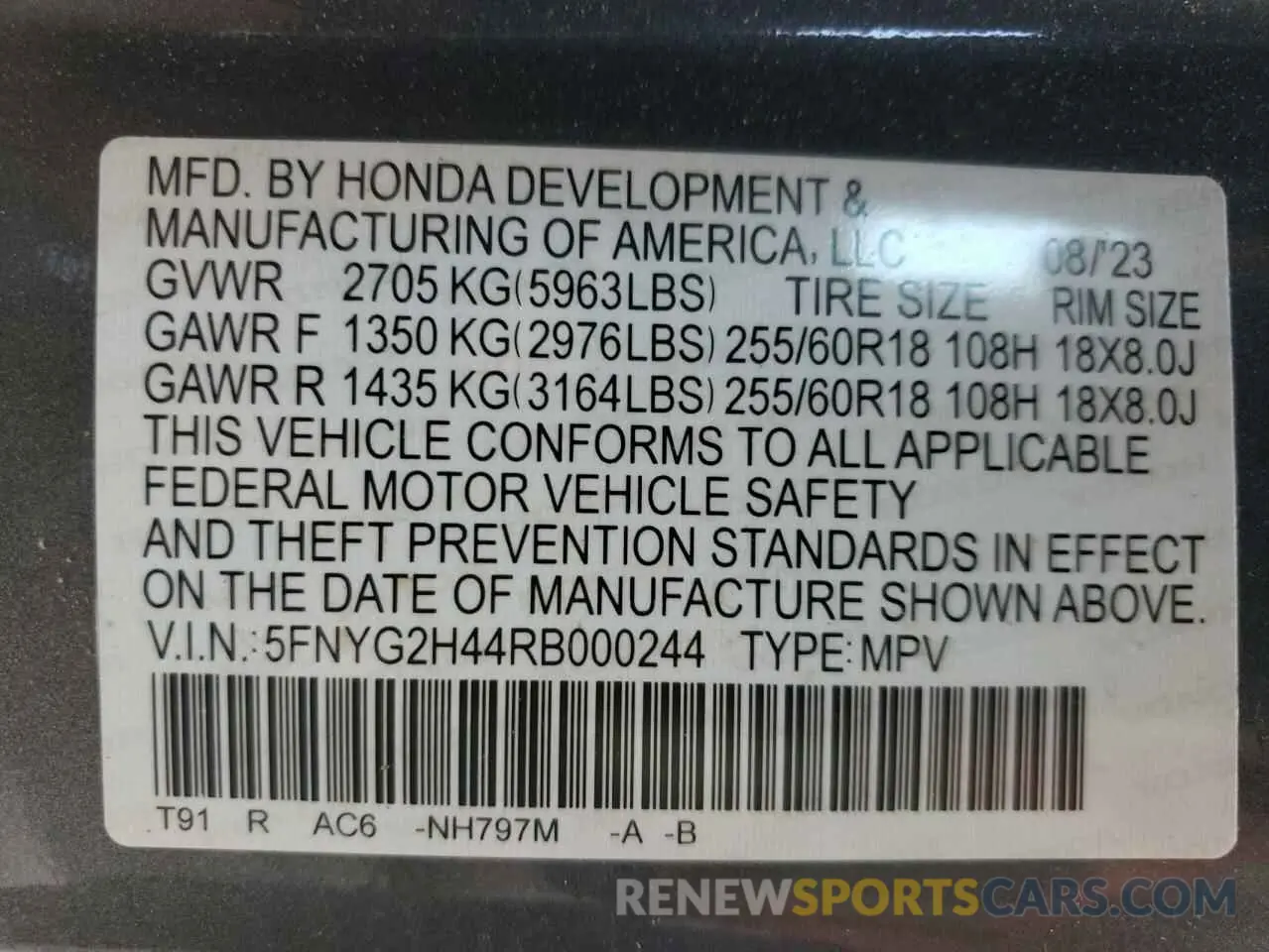 15 Photograph of a damaged car 5FNYG2H44RB000244 HONDA PILOT 2024