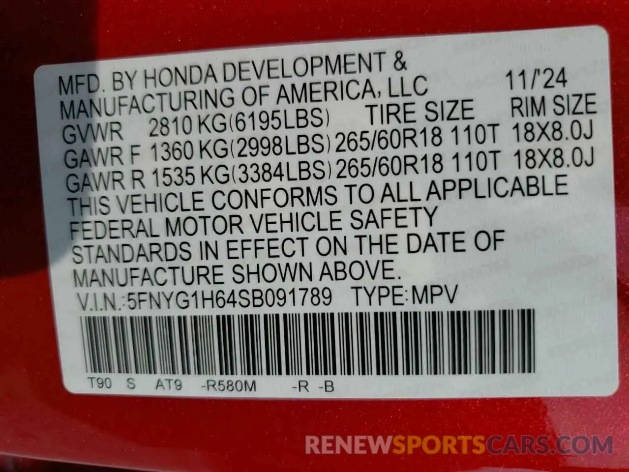 14 Photograph of a damaged car 5FNYG1H64SB091789 HONDA PILOT 2025