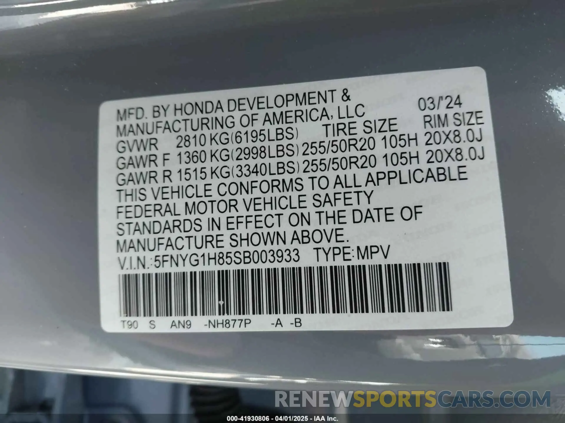 9 Photograph of a damaged car 5FNYG1H85SB003933 HONDA PILOT 2025