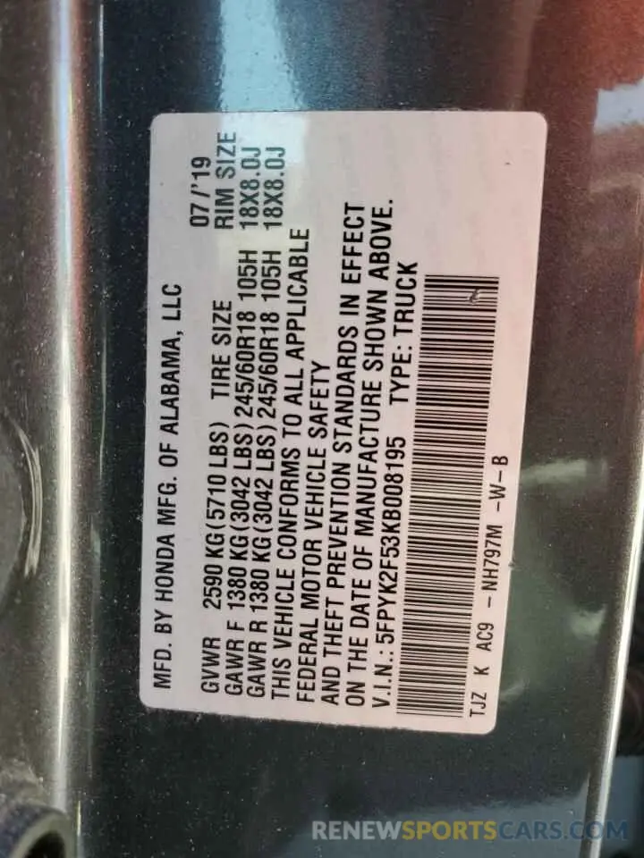 13 Photograph of a damaged car 5FPYK2F53KB008195 HONDA RIDGELINE 2019
