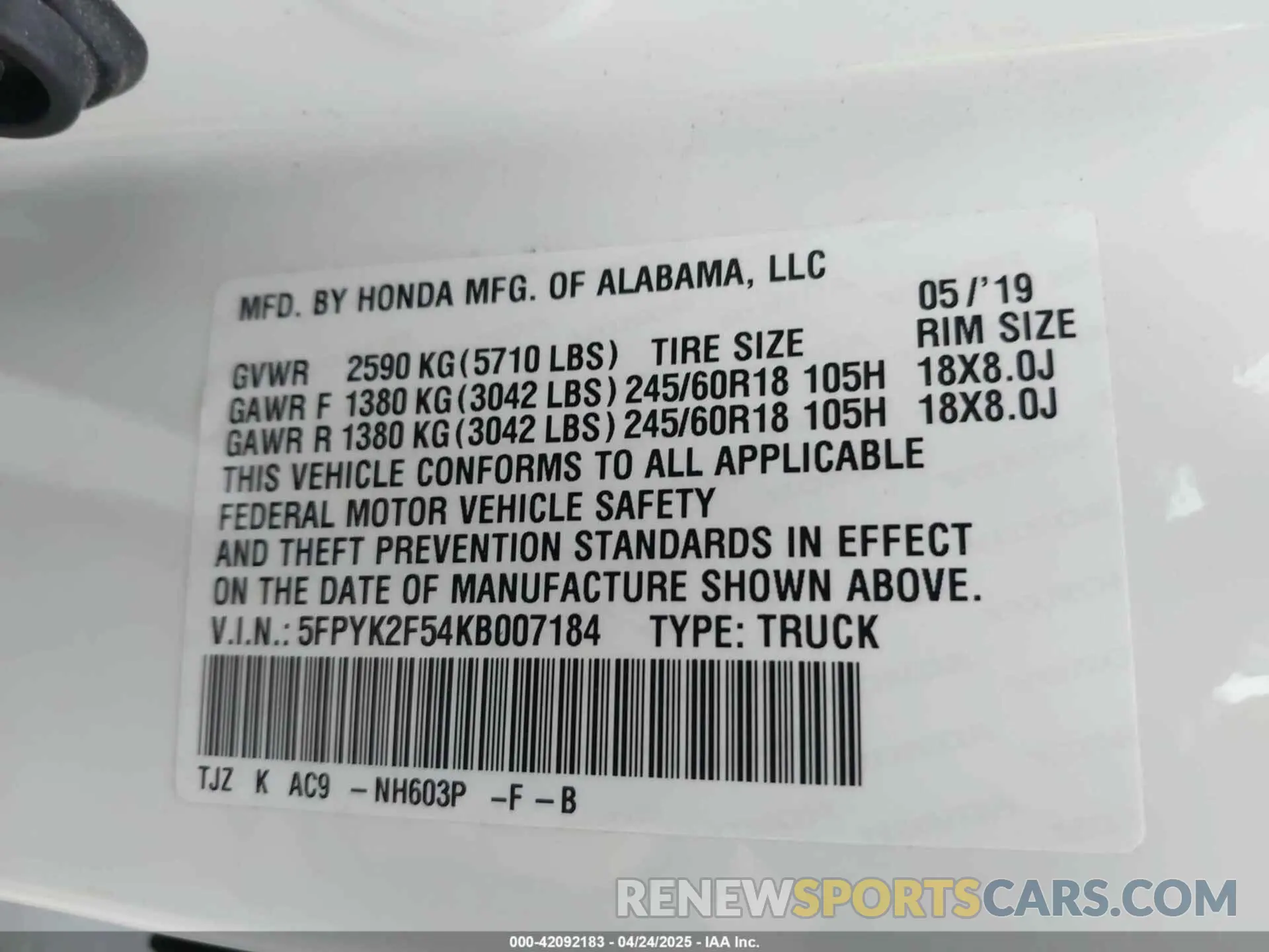 9 Photograph of a damaged car 5FPYK2F54KB007184 HONDA RIDGELINE 2019