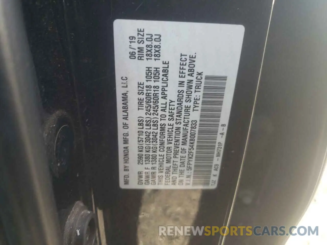 12 Photograph of a damaged car 5FPYK2F54KB007833 HONDA RIDGELINE 2019