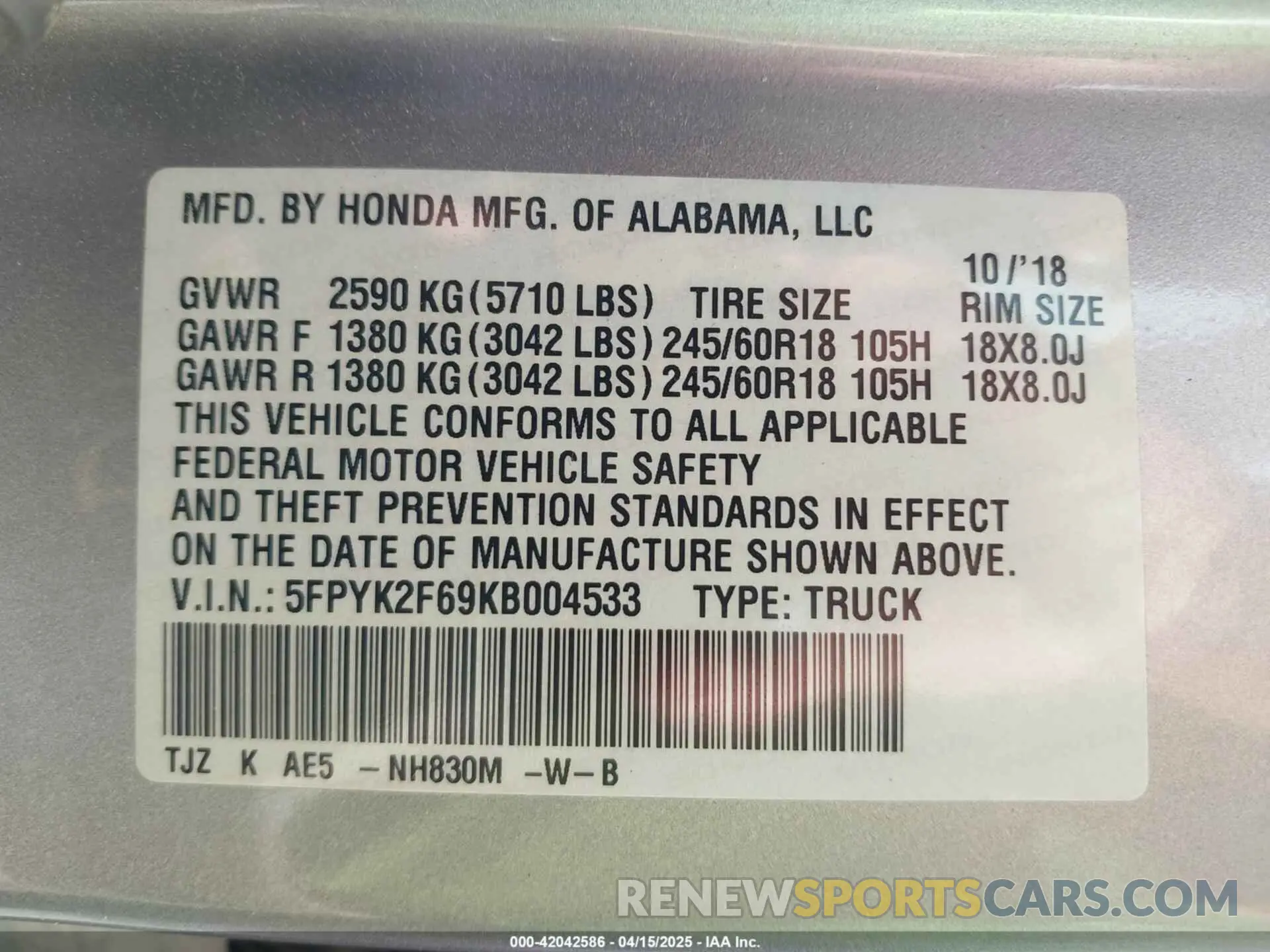 9 Photograph of a damaged car 5FPYK2F69KB004533 HONDA RIDGELINE 2019
