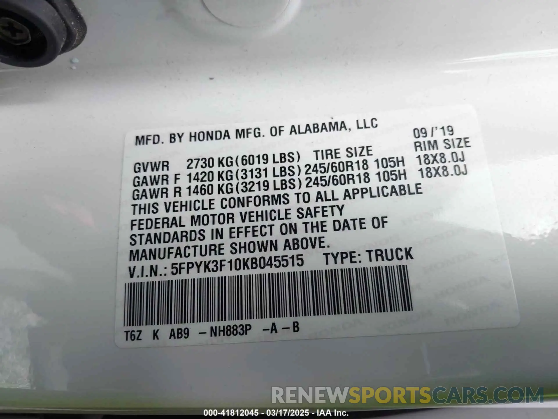 9 Photograph of a damaged car 5FPYK3F10KB045515 HONDA RIDGELINE 2019