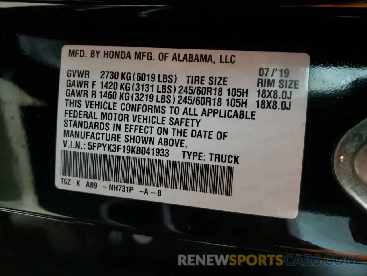 12 Photograph of a damaged car 5FPYK3F19KB041933 HONDA RIDGELINE 2019