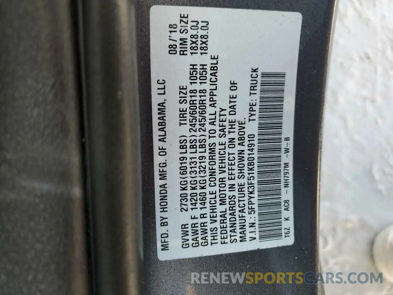13 Photograph of a damaged car 5FPYK3F51KB014910 HONDA RIDGELINE 2019