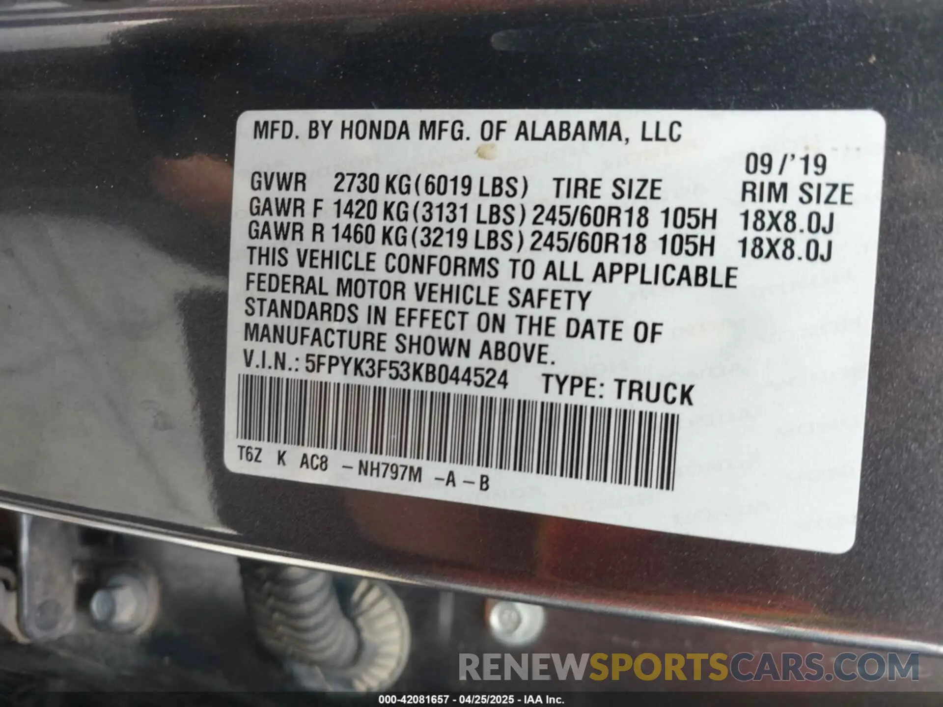 9 Photograph of a damaged car 5FPYK3F53KB044524 HONDA RIDGELINE 2019