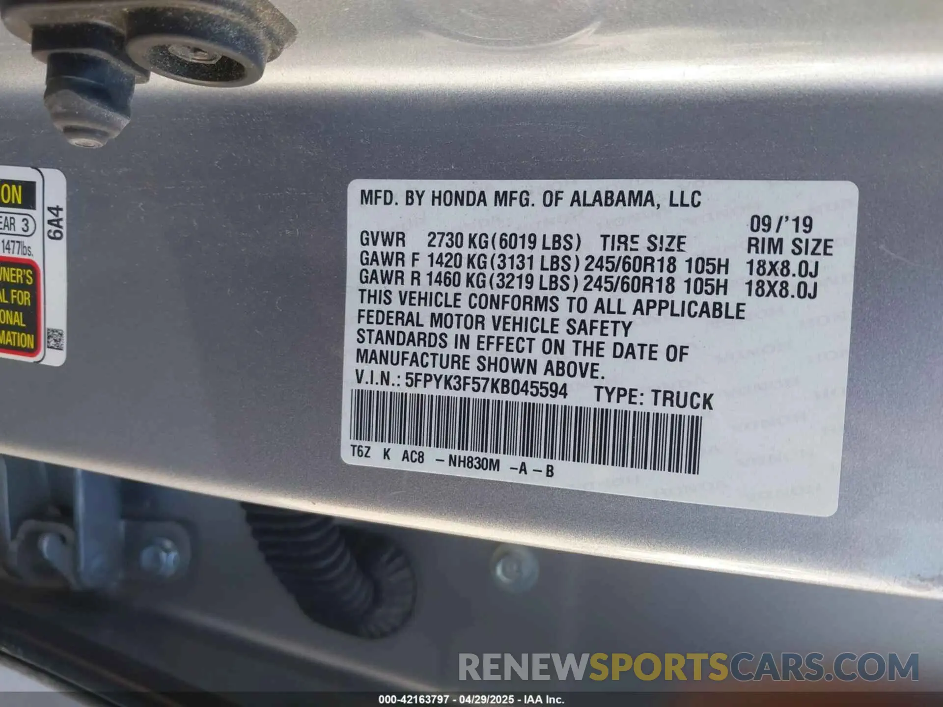 9 Photograph of a damaged car 5FPYK3F57KB045594 HONDA RIDGELINE 2019