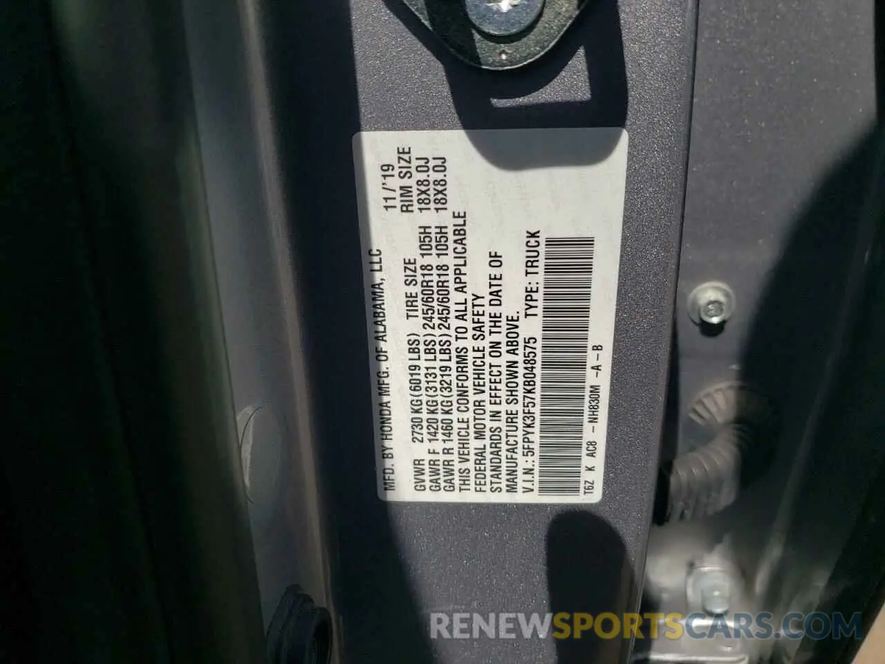 12 Photograph of a damaged car 5FPYK3F57KB048575 HONDA RIDGELINE 2019