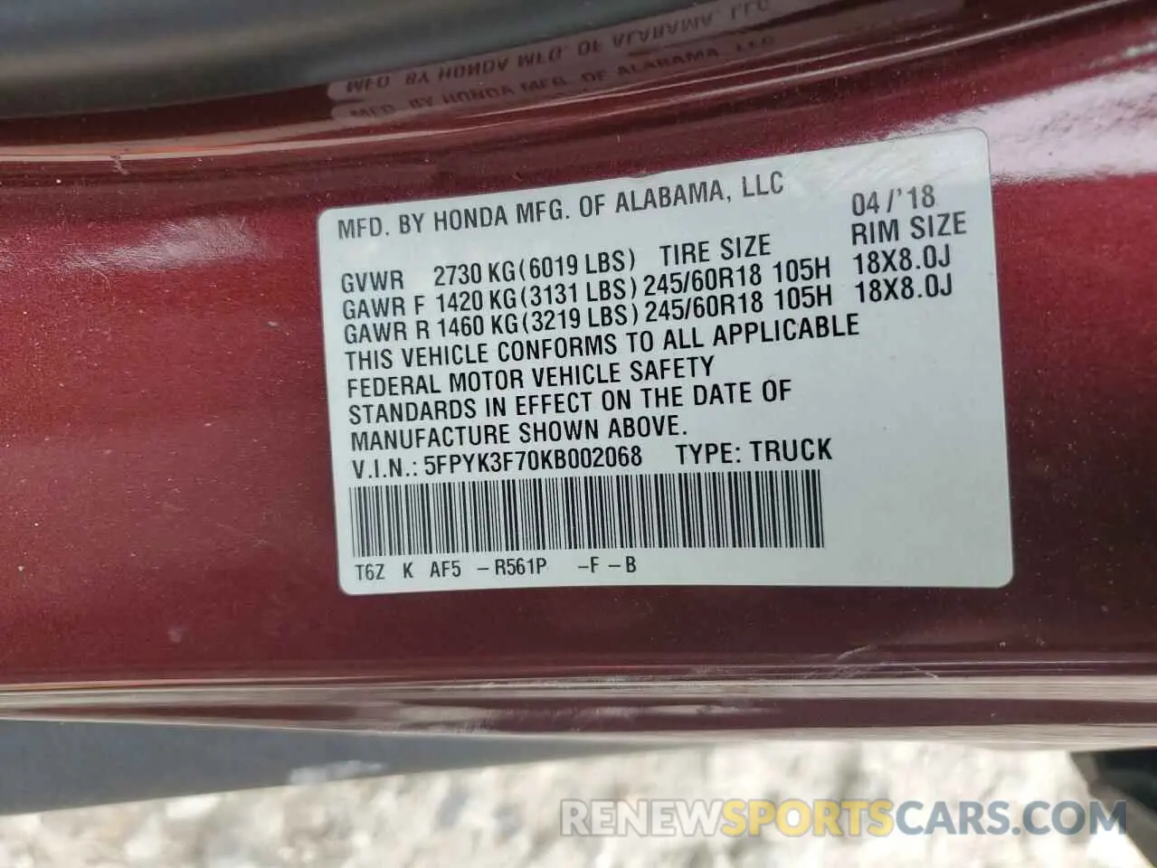 12 Photograph of a damaged car 5FPYK3F70KB002068 HONDA RIDGELINE 2019