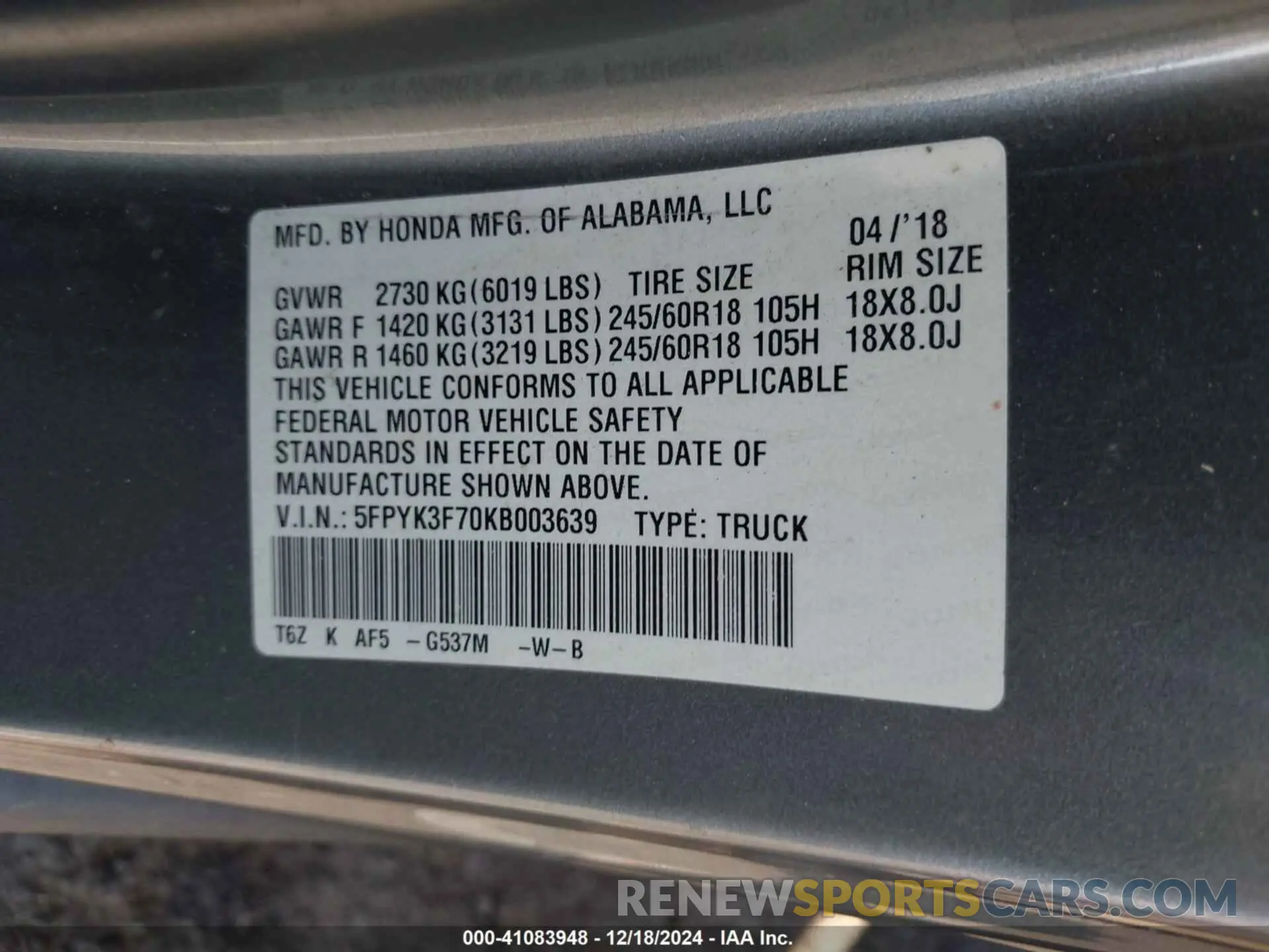 9 Photograph of a damaged car 5FPYK3F70KB003639 HONDA RIDGELINE 2019