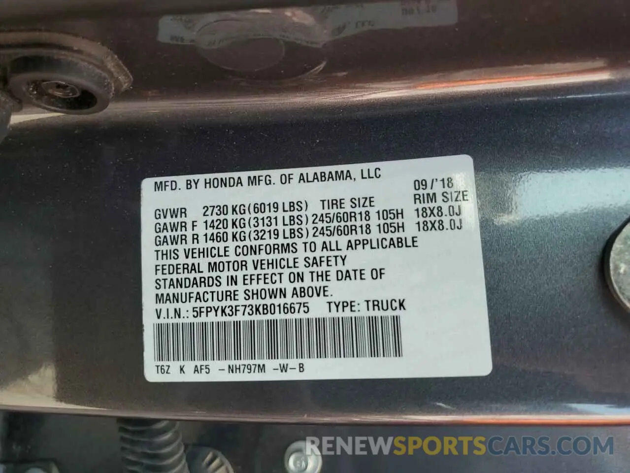12 Photograph of a damaged car 5FPYK3F73KB016675 HONDA RIDGELINE 2019