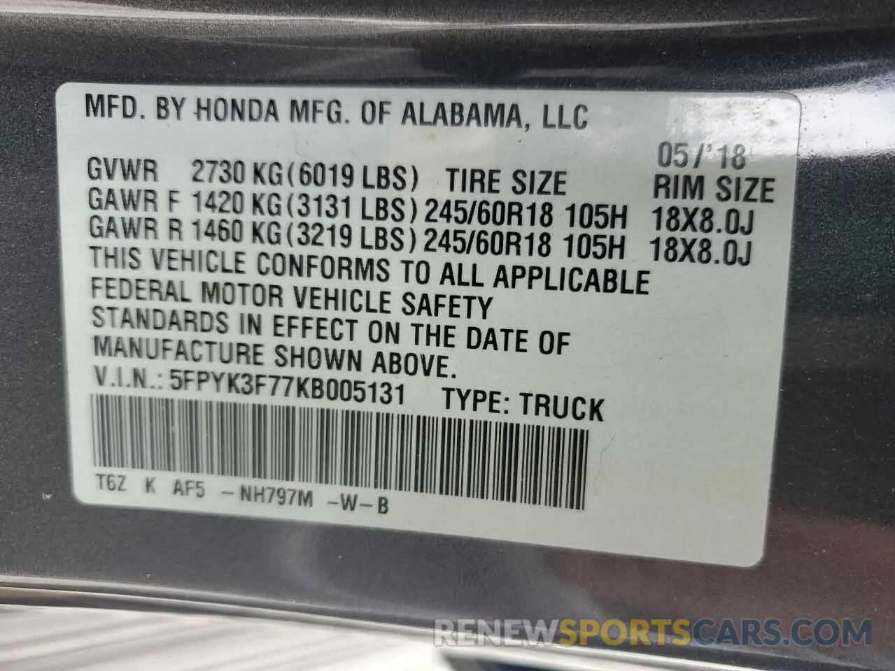 12 Photograph of a damaged car 5FPYK3F77KB005131 HONDA RIDGELINE 2019