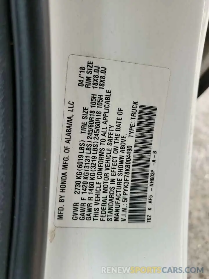 12 Photograph of a damaged car 5FPYK3F78KB004490 HONDA RIDGELINE 2019