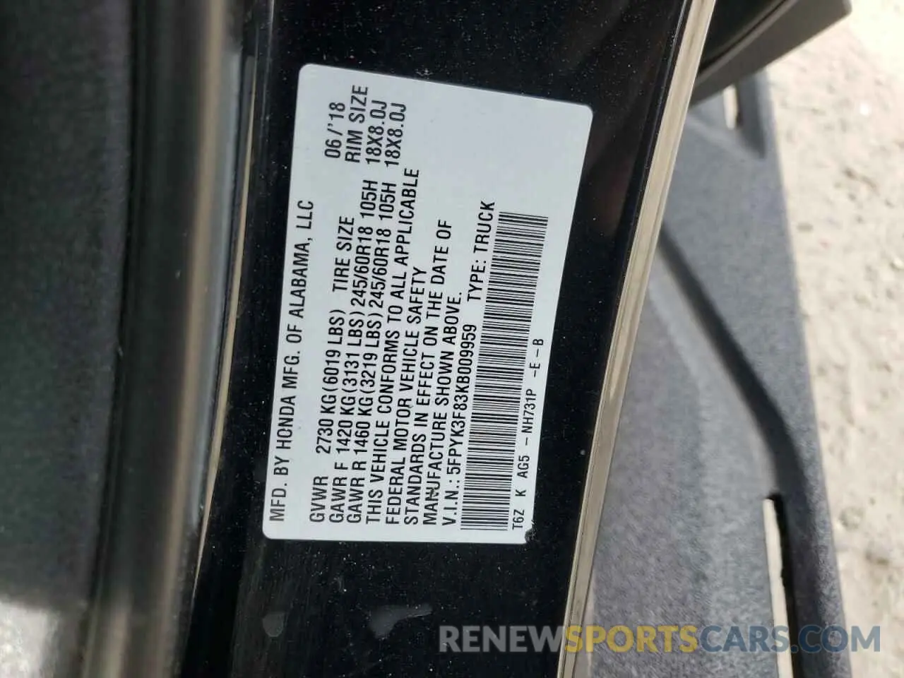 12 Photograph of a damaged car 5FPYK3F83KB009959 HONDA RIDGELINE 2019