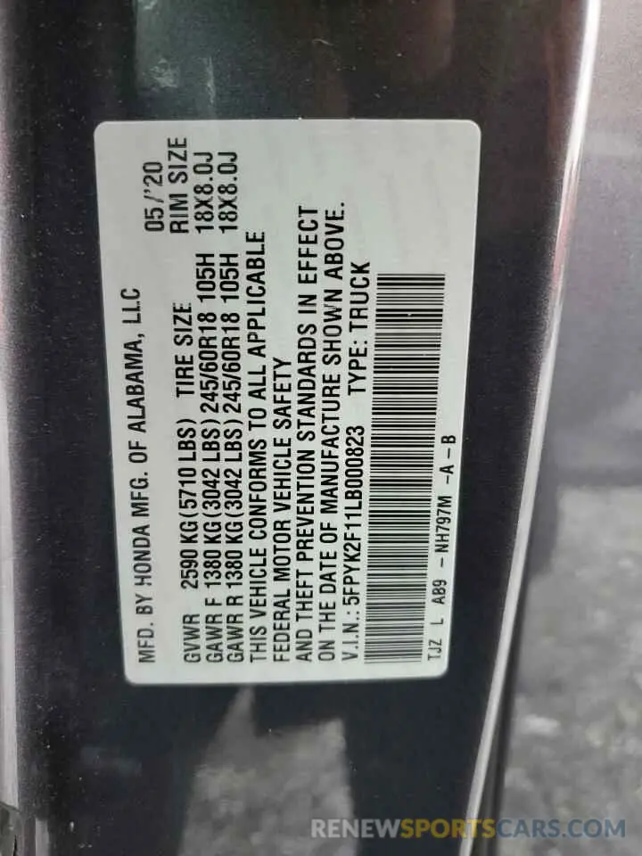 13 Photograph of a damaged car 5FPYK2F11LB000823 HONDA RIDGELINE 2020